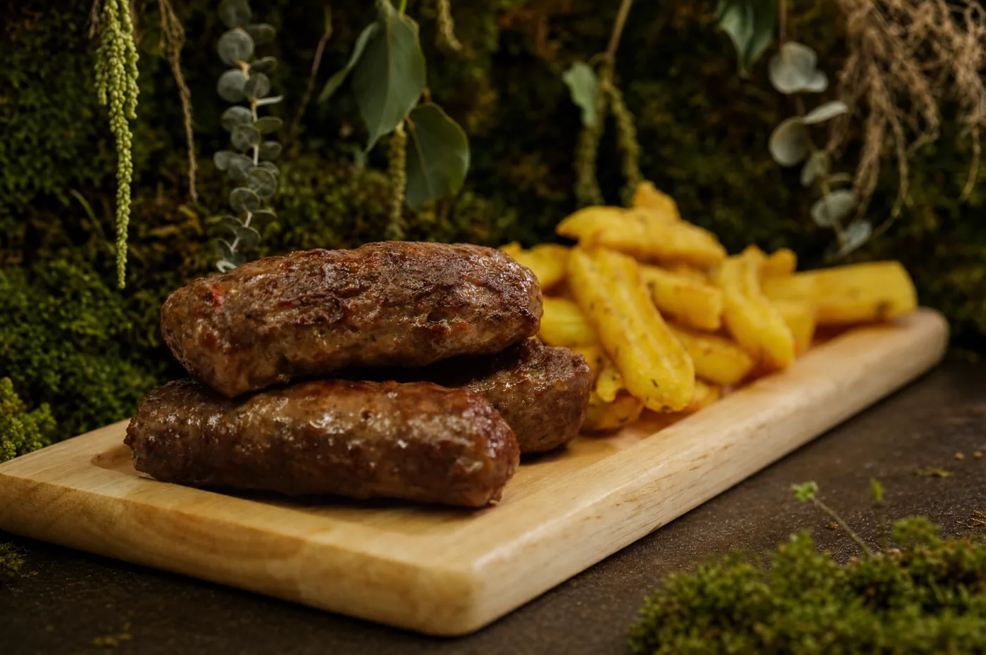 Mici on a wooden board, with fries