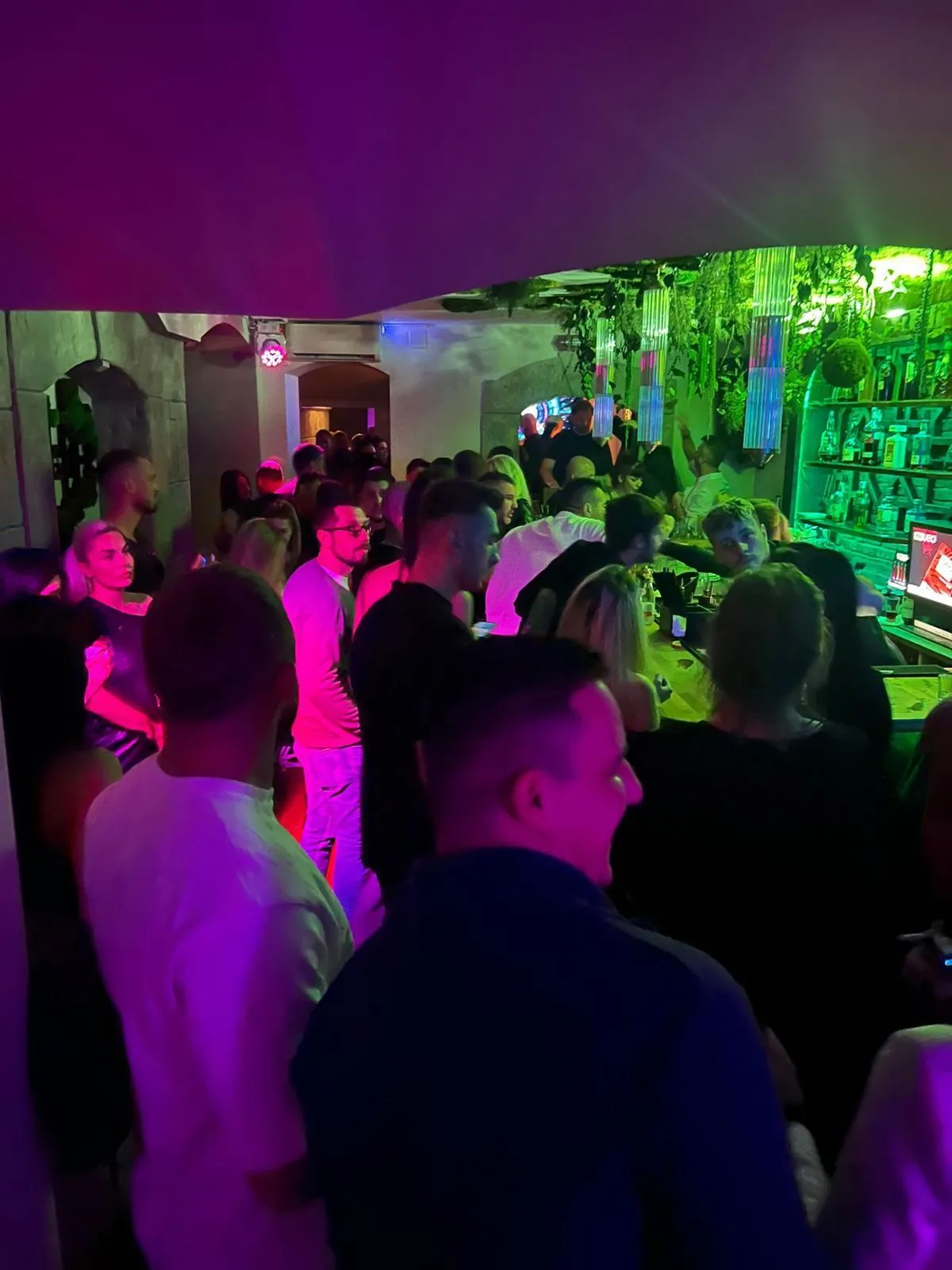 Party under green and purple lights